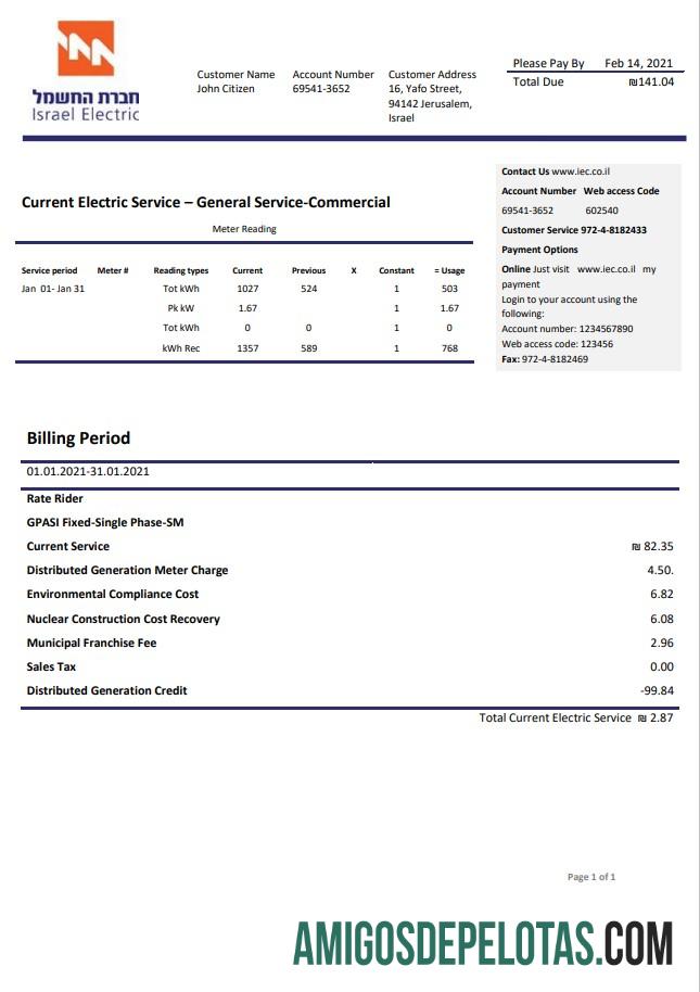 Para baixar modelo de conta de serviços públicos da Israel Electric Corporation em formato Word e PDF (.doc e .pdf)